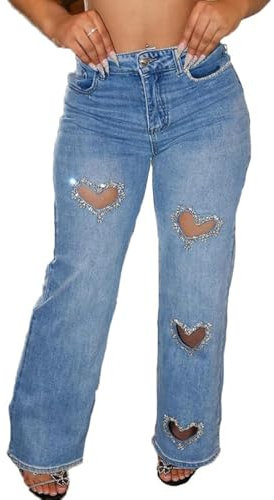 FYHTC Heart Cutout Rhinestone Jeans for Women Y2k High Waist Straight Leg Baggy Denim Pants Womens Jeans Trendy(Blue,X-Large)