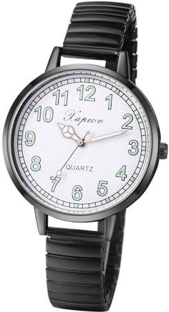 JewelryWe Damenuhr Elastische Uhr für Senioren: Schwarz Analog Quarz Armbanduhr Damen Stretcharmband Lässige Uhr mit Schmal Edelstahl Zugarmband & großem leicht ablesbar Zifferblatt