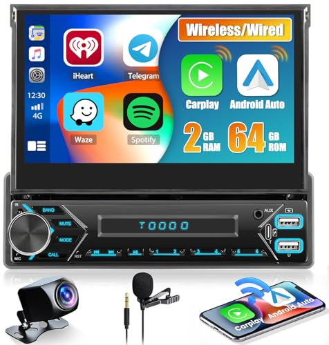 2+64GB Android 1 Din Autoradio Wireless Carplay Retractable Écran Tactile 7 Pouces Bluetooth Poste Radio Voiture avec GPS Navi, WiFi, Caméra de Recul, Mirror Link, FM RDS