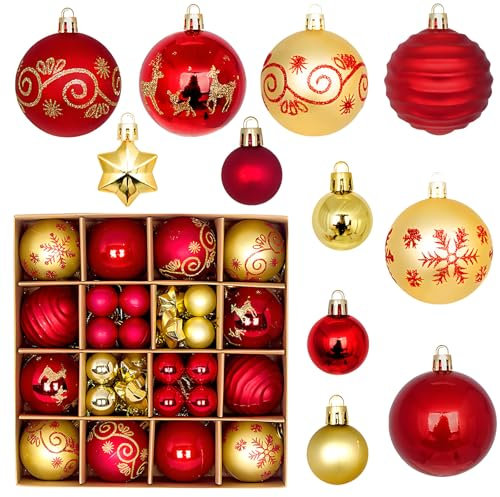 Weihnachtskugeln rot Gold,44 Stück weihnachtsdeko weihnachtskugeln Kunststoff, Christbaumschmuck mit Haken für weihnachtskugeln Set,Für weihnachtsbaumschmuck,Hochzeiten,Partydekorationen