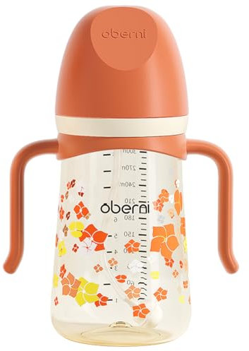 Oberni PPSU - Vaso para bebés con boquilla de válvula en V a prueba de fugas con popote pesado para niños de 6 a 12 meses, mango de fácil agarre, tapa contra el polvo (300 ml, naranja, paquete de uno)