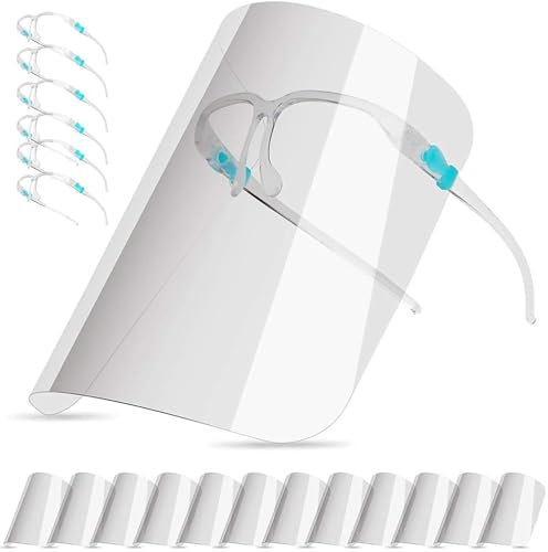 BFhongly Confezione da 10 protezioni per il viso con montatura per occhiali, scudi protettivi ultra trasparenti in plastica PET completa, visiera per il viso per uomo e donna