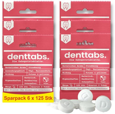 Denttabs Zahnputztabletten Erdbeergeschmack 6x125 Stk. die vollwertige Alternative zur Zahnpasta, mit angepasstem Fluoridgehalt für Kinder VEGAN Plastikfrei ohne Konservierungsstoffe. kompostable Bag