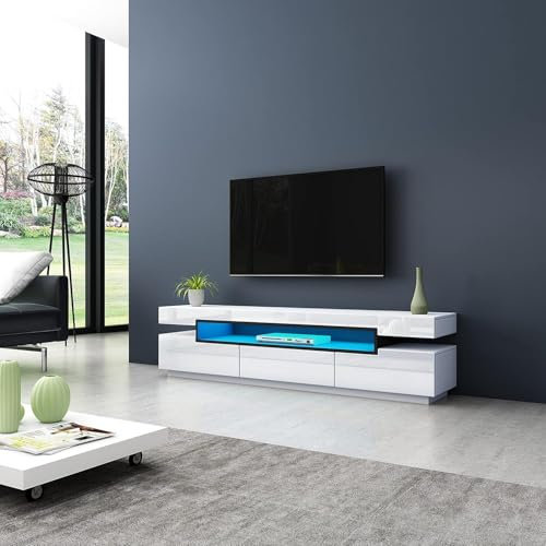 High Gloss TV Stand Cabinet Unit LED with 3 Drawers - Modern White 160CM Furniture for Living Room & Bedroom Storage Solutions