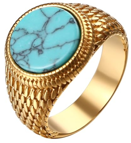 OIDEA Herren Ring mit Türkis Stein: Silber/Gold/Schwarz Bandring aus Edelstahl Vintage mit Runder Türkis Edelstein Siegelring Schmuck Geschenk für Männer Größe 54-70
