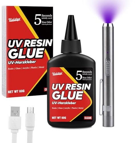 UV Resin Set mit UV Lampe, 60g UV Kleber Epoxidharz mit Wiederaufladbarer UV Taschenlampe, Aushärtung in nur 5 Sekunde, UV Harz für DIY Schmuckherstellung, Kunststoffreparatur, Glasreparatur