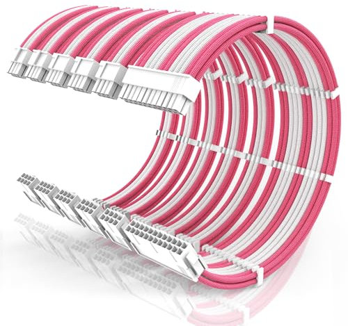 16AWG PSU Cable Extension Kit with Cable Combs,1x24pin ATX/2x8pin(4+4) EPS/3x8pin(6+2) PC Sleeved Cables 30cm Length,Power Supply Extension Cable Kit(Pink/White)