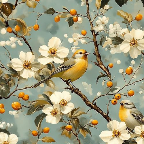 Generisch Selbstklebende Tapete Blumen Und Vögel Vintage Für Schlafzimmer,Wohnzimmer,Kinderzimmer,Küche，Wand,Möbeldeko,Entfernbare Vinyl-Tapete Mit Selbstklebender Rückseite,Rolle,43X200Cm,Wl300