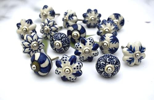 ARTISNO Boutons en céramique pour armoires – Lot de 16 boutons décoratifs ronds en céramique bleu et blanc pour tiroir d'armoire de cuisine | Poignées élégantes de garde-robe et de commode faites à la