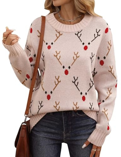 heekpek Pull de Noël Femme Hiver Chaud Chic et Élégant Ample Pull Col Rond Doux Grosse Maille Oversize Sweater