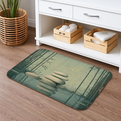 Badematte mit Zen und Bambus-Muster, ruhige, natürliche Kunst, saugfähig, rutschfest, mit ruhigem Memory-Schaum, waschbar, Badteppiche für Badezimmer, WC, WC, dekorativ, 40,6 x 61 cm