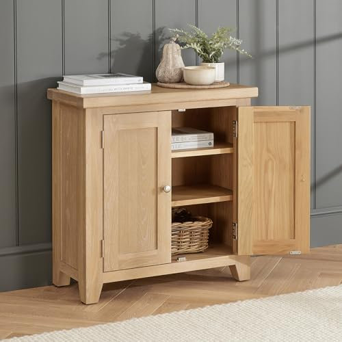 Cheshire Whitewash Oak Small Cupboard | Solid Oak 2 Door Storage Unit | Fully Assembled Hallway or Office Cabinet | Adjustable Shelves | Compact Shaker Style Furniture | H 790 x W 765 x D 340mm