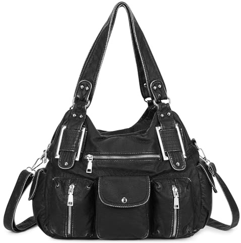 VINBAGGE Damen Handtasche Große Schultertasche PU Leder Henkeltasche Frauen Weiches Hobo Tasche Umhängetasche für Reisen Schule Shopping Mädchen,F-Schwarz+Silber