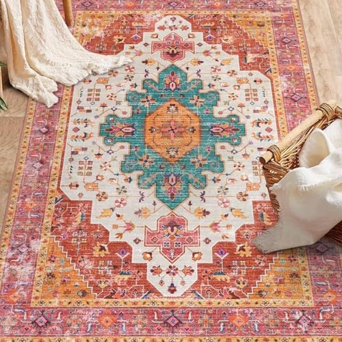 Taidianolp Teppich Zimmer Deko,Mädchenzimmer Oriental Medallion Vintage Multicolor, Petrol-Orange, 110 x 180 cm,Teppiche Waschbar Kurzflor Moderner Schlafzimmer Kinderzimmer
