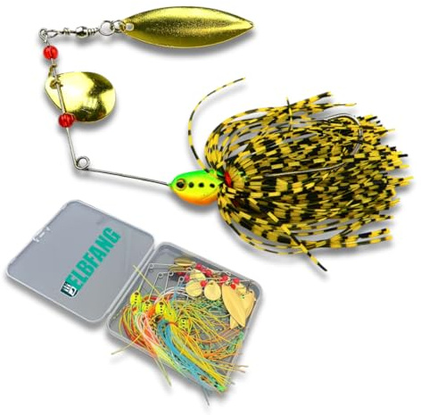 elbfang Spinnerbaits Set 5 Stück mit Box – 9 cm / 16 g – Doppel-Willow Blade, Handgebundene Silikon-Skirts, Ultrascharfer Haken – Kunstköder für Hecht, Barsch, Zander & Raubfischangeln