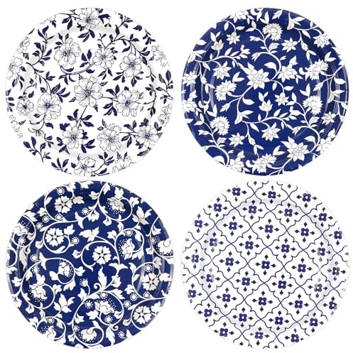 DHAIQC 48 PCS Blue Floral Paper Plates 17.8 cm, Blue and White Party Plates Disposable Cake Dessert Plates for Afternoon Tea Birthday Bridal Shower Baby Shower Wedding Party Decorations