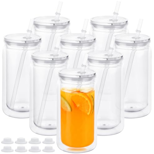 YAYODS 8 Pack 16 oz Snow Globe Tumbler Acrylic Plastic Snow Globe Cups, Pre Drilled Double Wall Snowglobe Tumbler for SnowGlobe Glitter DIY (Clear)