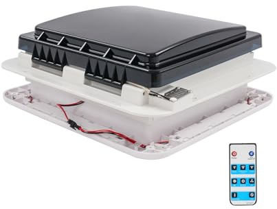 Ventilateur de toit pour camping-car - 12 V - Avec lumière LED, capteur de pluie et capteur de haute température - Réversible - Pour fenêtre de toit - 36 x 36 cm - Télécommande
