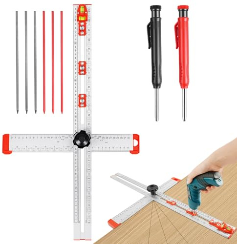 Flintronic 4-in-1 Drilling Positioning Ruler, 60CM Scale Marking Gauge Tools, T Square Woodworking Ruler, Precise Drilling Tool for Woodworking Scribe Drawing, Cabinet Hardware Jig（Silver）