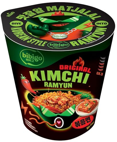 bibigo Original Kimchi Flavour Ramyun 8 x 98g, Korean Style Stir Fried Instant Noodles with Kimchi Sauce, Cup Noodle Meal