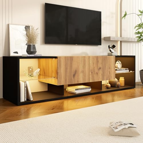 NADEUSAK Consolle TV moderne, nero+colore originale legno 40 x 160 cm, con piattaforma di stoccaggio in vetro e 2 cassetti, supporto TV, 3 animali TV Console Cabinet for TVs Up to 70