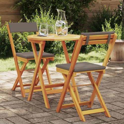 JHQHSM 3-TLG. faltbares Bistro-Set aus Massivholz Akazie mit Kissen, runder Tisch und 2 Klappstühle für Balkon und Terrasse, wetterfestes Outdoor-Möbel mit kompaktem Stauraum Design