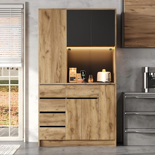 BTM Küchenschrank mit LED, Gewürzregal Küchen Cabinet Buffetschrank Hochschrank Aufbewahrungsschrank Sideboard Holzfarbe