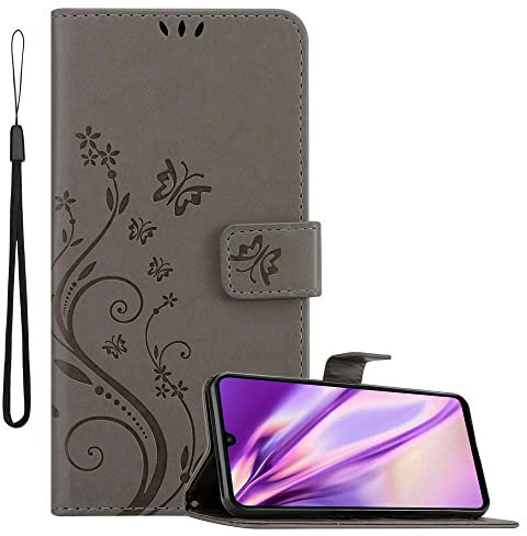 Cadorabo Hülle kompatibel mit Huawei P30 LITE Blumen Design aus Premium Kunst Leder Flip Klappbare Stoßfeste Magnetische [Standfunktion] [Kartenfächern] Cover Hülle für Huawei P30 LITE Tasche in Grau