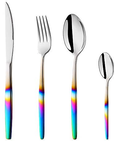 Bisda Cubiertos de acero inoxidable Juego de cubiertos iridiscentes con mango de color arco iris Servicio de cubiertos de 4 piezas para 1, juegos de vajilla para fiestas al aire libre Camping Viajes