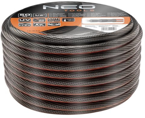NEO TOOLS Pro Gartenschlauch 1/2 Zoll, 50 m Länge, 6-lagiger | UV-beständig, Flexibel Schlauch, Verdrehschutz - Wasserschlauch aus Erst-PVC mit Anti-Algen-Innenausstattung