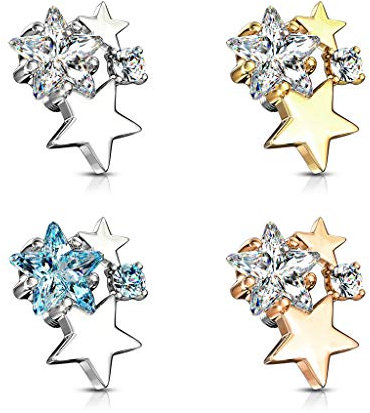 Paula & Fritz® Aufsatz-Dermal Anchor Zirkonia Sterne Silber, Gold, Rose, hellblau 316L Chirurgenstahl Gewinde 1,6-mm Haut-Anker Skin Diver Implantat