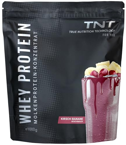 TNT Whey Protein Pulver - 1kg - Molkeprotein Konzentrat - Kirsch-Banane | Eiweiß Shake mit EAAs & BCAAs - Mit Laktase - Für Muskelaufbau & -erhalt - Post-Workout-Shake - 22g Eiweiß pro Portion