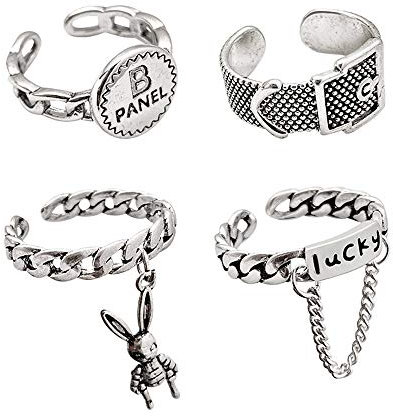 GulCean Verstellbares Ring-Set für Damen und Herren Vintage Silber, stilvoll cool Gothic K-Pop Hippie Anime, Emo Lucky B Buchstabe, Hase Gürtelschnalle Anhänger Kettenringe Set Geschenk für 4 Stück