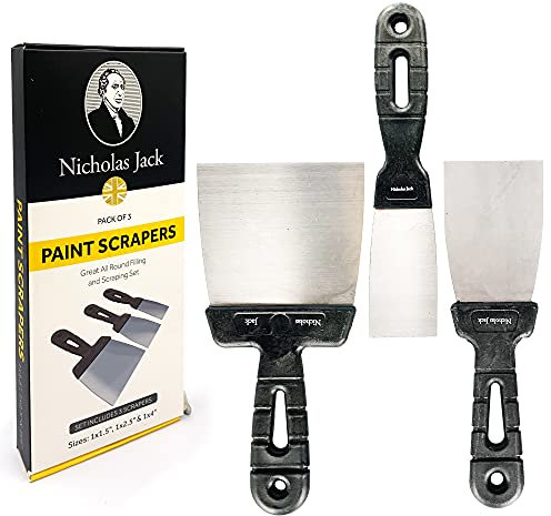 Nicholas Jack Paint Scraper Tool Set – Pack of 3 Wallpaper Scraper and Putty Knife Set, Flexible and Stainless-Steel Metal Scraper for Walls