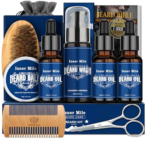 Bartpflege Set für Männer - Bartwuchs Kit mit Bartöl, Bartbürste, Bart Balsam, Bartkamm, Bartwäsche, Bart Schere, Geschenke für Männer Papa