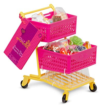 Our Generation BD35159Z Deluxe Einkaufswagen pink/gelb & Lebensmittel - ausgewogener Einkauf, für 46cm Puppen, mit funktionierenden Rollen – Kinder Spielzeug ab 3 Jahre - 45459 HCM Kinzel