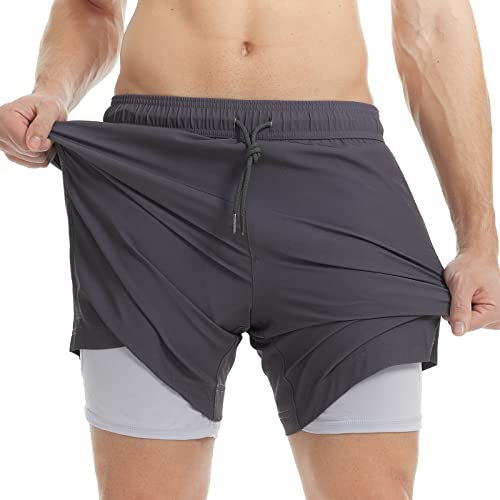 MaaMgic Homme Short de Bain 2 en 1 à séchage Rapide avec Doublure | Séchage Rapide Short de Natation décontracté Boardshorts avec Pantalon intérieur et Poche,Gris Foncé Clair,M