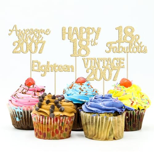 Gyufise 30Pcs Happy 18th Cupcake Toppers Glitter Eighteen Vintage 2007 Cupcake Picks Cheers to 18 Years Birthday Cake Decorations for Happy 18th Birthday Anniversary Party Supplies Gold