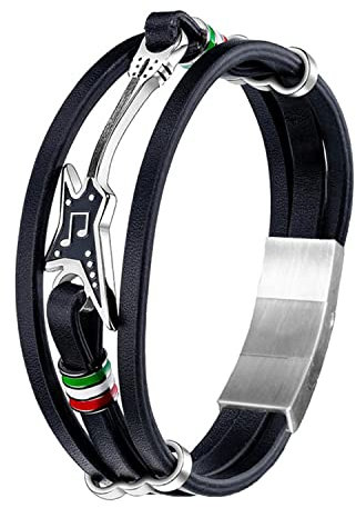 UNIQAL | Leder Armband ROCK GUITAR Herren bracelet | Edelstahl/Echtleder/Silber/Schwarz + Geschenk Etui box (23)