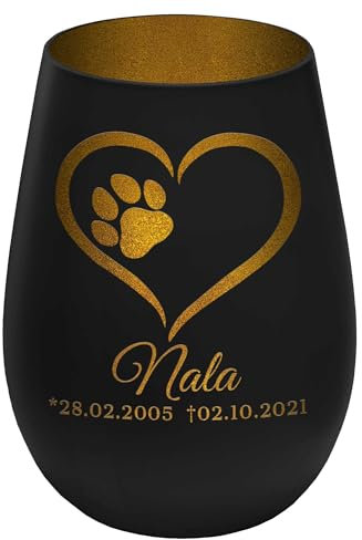 Trauerlicht Haustier mit Herzmotiv - Außen Schwarz/Innen Gold - personalisierbar mit Name und Datum - Höhe 12 cm - Gedenklicht Windlicht Teelichthalter Hund Katze