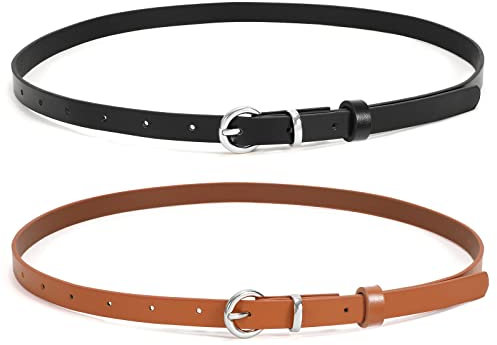 WHIPPY 2er-Pack dünner Damen Ledergürtel schmaler Taillengürtel schmal Gürtel mit goldener Kreisschnalle für Kleid Hose Jeans，schwarz/braun，90cm