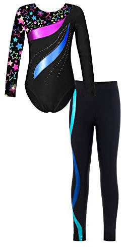 iEFiEL Mädchen Turnanzug Glitzer Gymnastik Leotard Langarm Akrobatik Anzug Tanzkostüme Turnbody Jumpsuit mit Sport Leggings Zb Star Blau + Blau 122-128