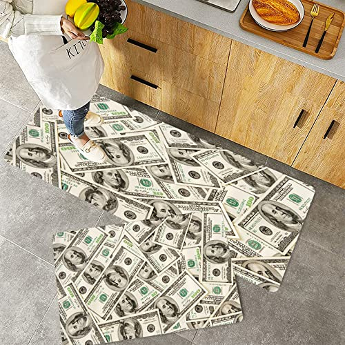 Küchenteppich Teppich Läufer Küchenläufer 2 Stück rutschfest,Geld, Haufen von Dollar Muster Währung Haufen mit Ben Franklin Portrait Wealth Theme, Pink, Waschbar für Flur Küche 40 x 100 cm+40 x 60 cm