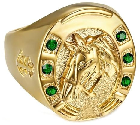 BOBIJOO Jewelry - Bague Fer à Cheval Chevalière Homme Voyageur Gitan Acier Inoxydable Or Emeraude Vert - 56 (7 US)