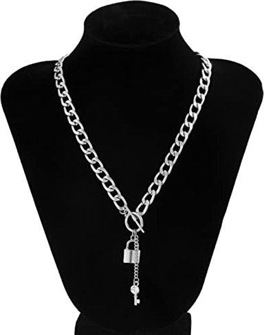 SHANHE Punk Dicke Kette mit Schloss/Schlüssel-Anhänger-Halskette für Frauen, Trendige Quastenkette am Hals, modischer Halsschmuck, Mädchen-Silberfarbe