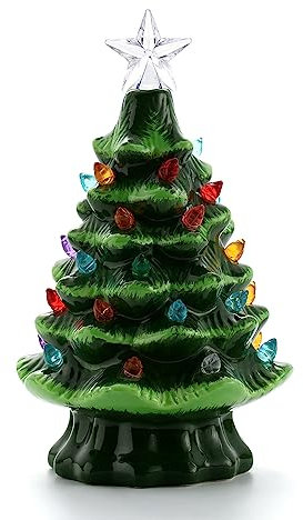 Keramik-Weihnachtsbaum mit Kunststoff-Drehlicht, Grüner Keramik-Weihnachtsbaum, Vintage-Tisch-Weihnachtsdekoration, Tisch-Weihnachtsbaum-Lichter für Tische, Regale und Schreibtische(S)