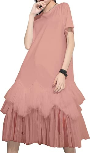 ellazhu Damen Casual Kurzarm Rundhals Tutu Tüll Kleid mit übergroßer Passform GY2266, Dusty Rose, L/XL