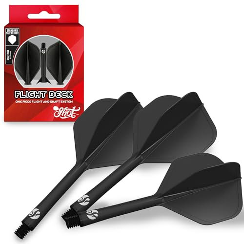 Shot! Darts Flight Deck One Piece Dart Flight and Shaft System, Reduced Deflections, Standard Shaped Flight (350 Micron), Available in Set of 3, Inbetween Length & Black Colour