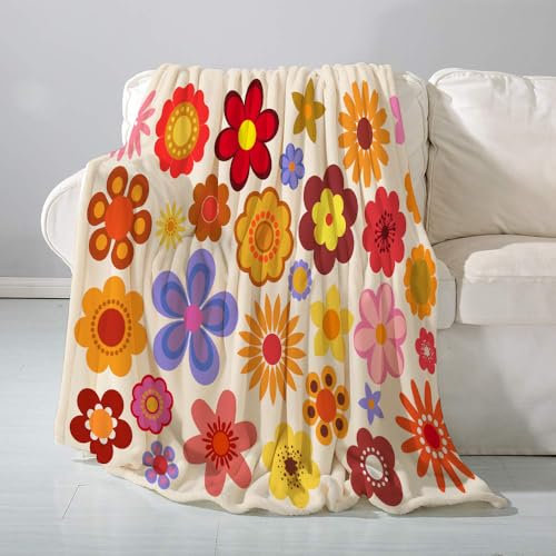 SHAARI Kuscheldecke flauschigsuper weich Flanell Wohndecke,Grün Hippie Vintage Blumen 60er 70er Orange 1960 70er Jahre RetroTagesdecke, Sofadecke & Überwurf Decke Sofa & Couch100x130cm