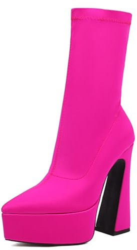 Lroey Reoly Stivaletti da Donna con Tacco Largo, Stretch Polacchine Appuntito Tacco Alto Stivali Corti Senza Chiusura con Plateau, D12714Re Rose-Rosso Numero 38 EU